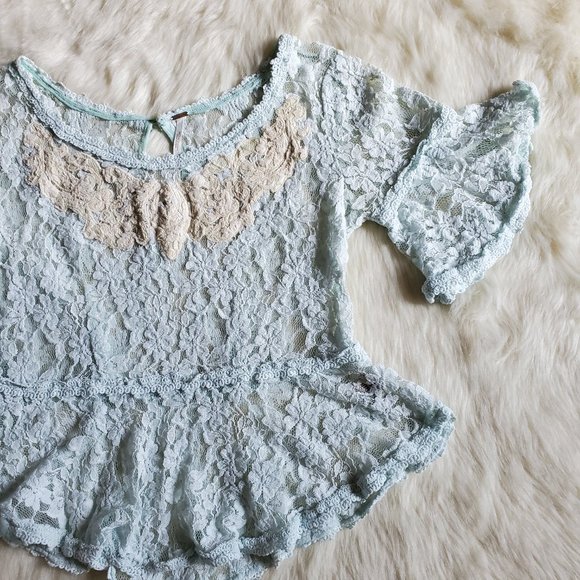 Free People Blue and Cream Lace Peplum Top Size XS - Picture 10 of 16